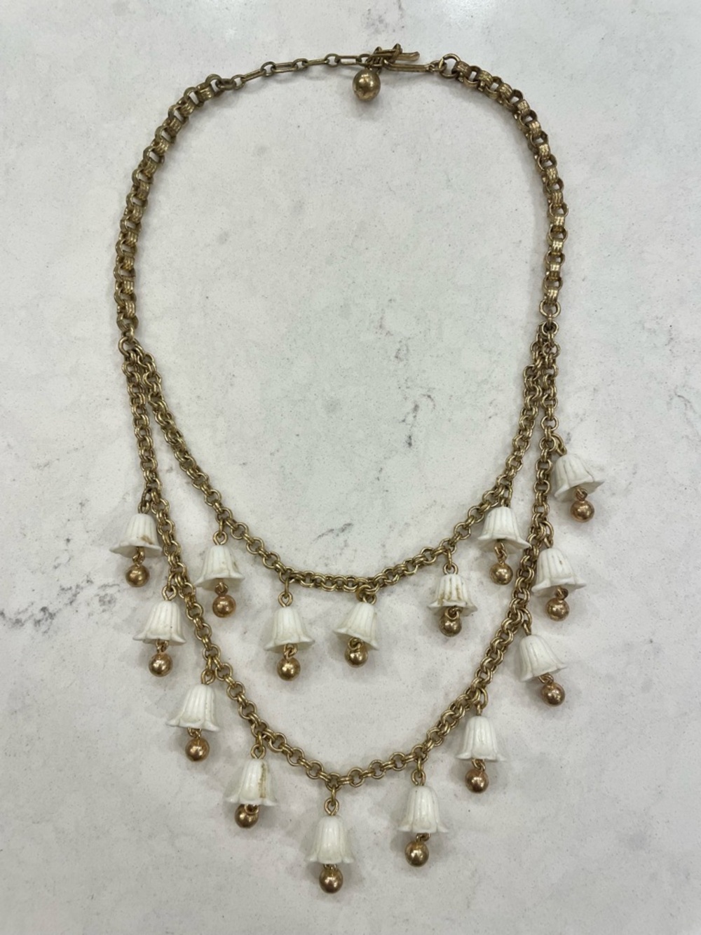 Vintage 1950s Mid-Century Lily of the Valley Double Strand Necklace Gold White